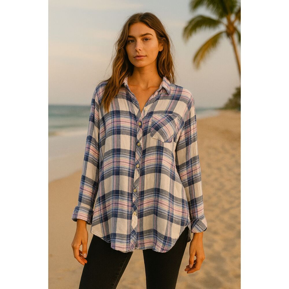 Rails Plaid Shirt M Ivory Blue Pink Button Down Soft Rayon Grunge Normcore